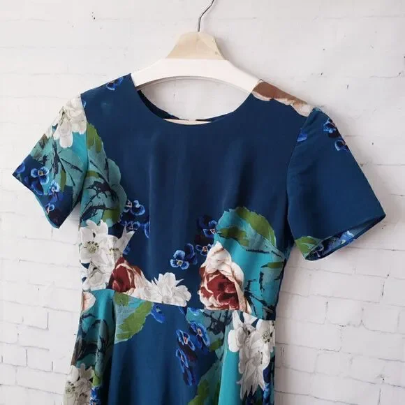 Corey Lynn Calter Anthropologie Dress Size 0 Blue Floral Wedding Guest Easter - Picture 4 of 10